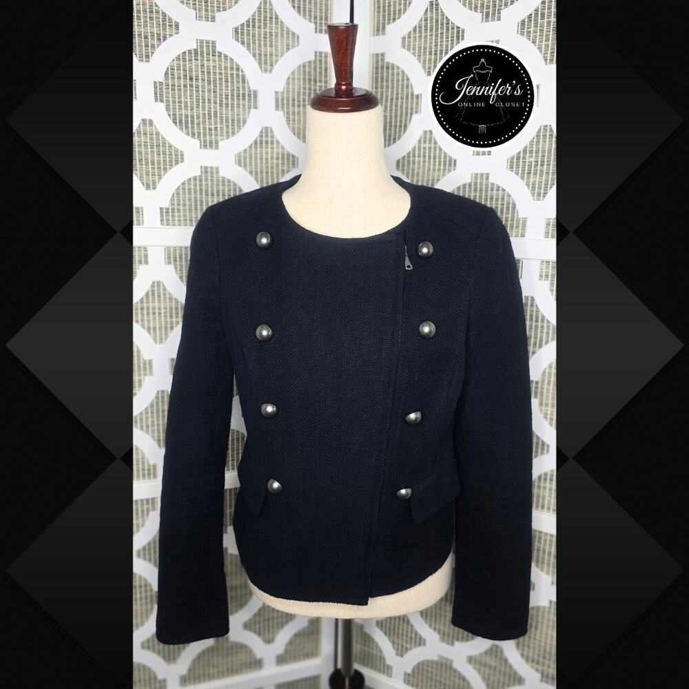 Talbots Black Textured Military Style Full Moto Zip Jacket Blazer Size 6